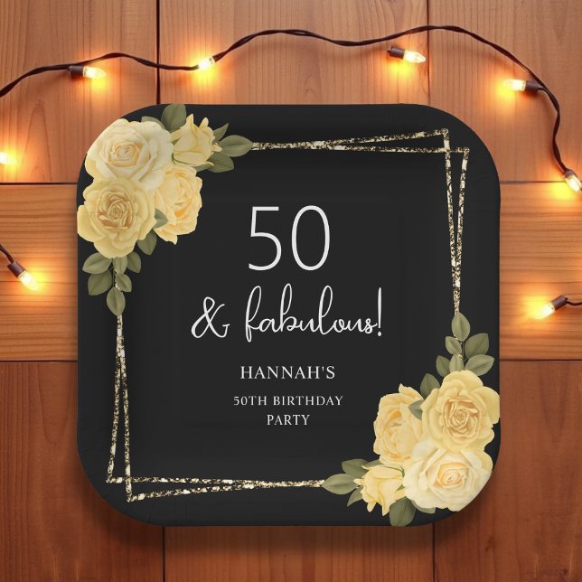 Plato De Papel Black Yellow & Gold Floral 50 cumpleaños (Subido por el creador)