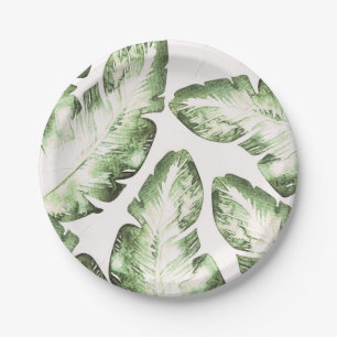 Plato De Papel Blancas Hojas de Playa Tropical Verde Elegante Bod