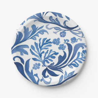Plato De Papel Blanco Azul Chinoiserie Floral Botánico