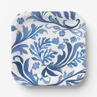 Plato De Papel Blanco Azul Chinoiserie Floral Botánico