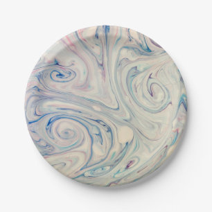 Plato De Papel Blanco Azul Rosa Moderno Abstracto Fluid Marbling 
