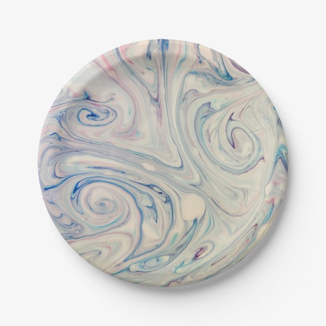 Plato De Papel Blanco Azul Rosa Moderno Abstracto Fluid Marbling  (Anverso)