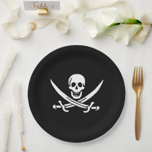 Plato De Papel Blanco, Bandera Pirata Calico Jack, Calavera y Cri