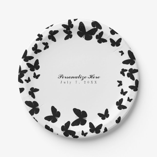 Plato De Papel Blanco con mariposas negras Personalizado Fiesta d (Anverso)