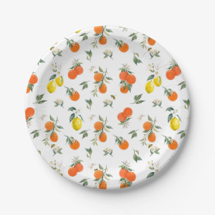Plato De Papel Blanco con patrón botánico de naranja y limón