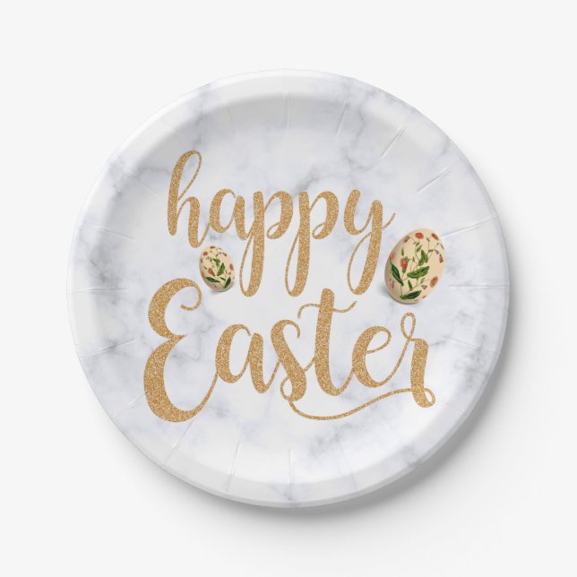 Plato De Papel Blanco con Purpurina de oro Feliz Pascua | Elegant (Anverso)