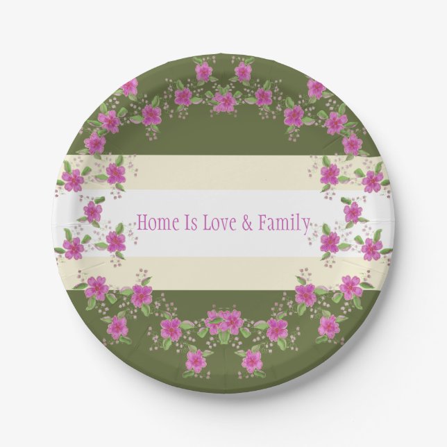 Plato De Papel Blanco Crema Verde Y Rosa (Anverso)