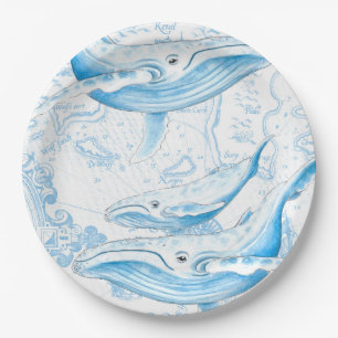 Plato De Papel Blanco de la familia de las ballenas azules