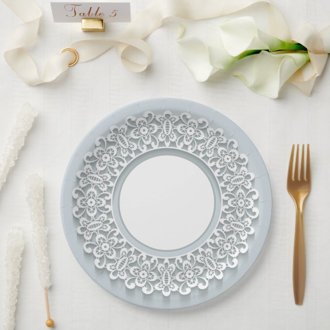 Plato De Papel Blanco Faux Lace Elegante Vintage (Boda)