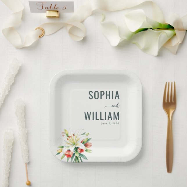 Plato De Papel Blanco Floral Elegante (Boda)