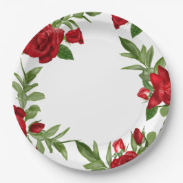 Plato De Papel Blanco floral rojo encantador