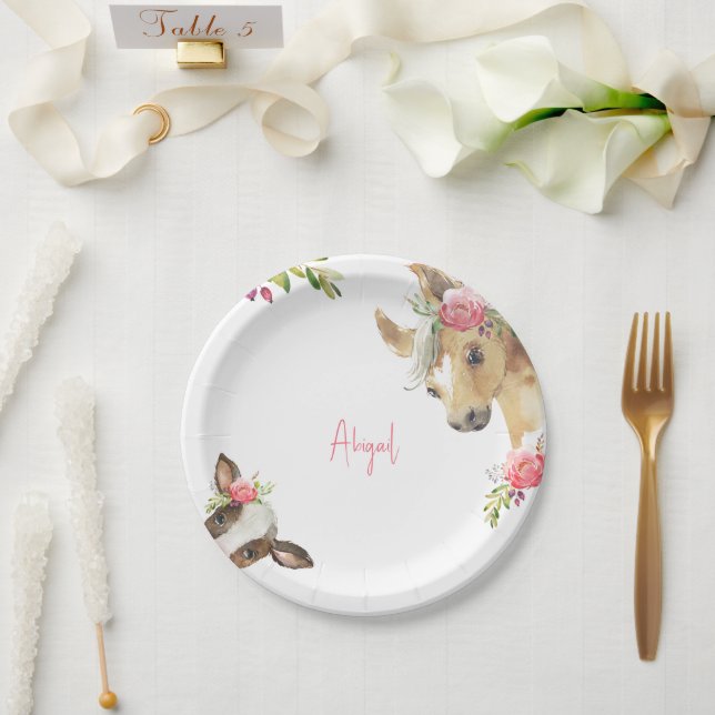 Plato De Papel Blanco Floral Rosa Pony & Cow Baby Shower (Boda)