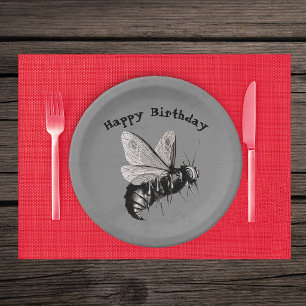 Plato De Papel Blanco Negro Espeluznante Gótico Abeja Cráneo alas