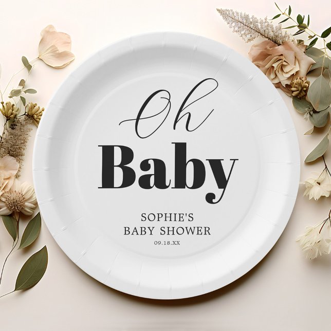 Plato De Papel Blanco negro mínimo Oh Baby Shower (Subido por el creador)