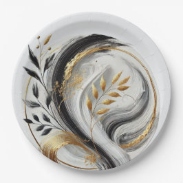 Plato De Papel Blanco negro moderno y botánico dorado