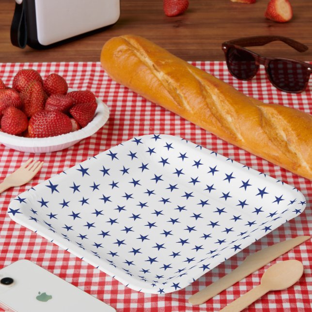 PLATO DE PAPEL BLANCO PATRIÓTICO CON ESTRELLAS AZULES (Picnic)