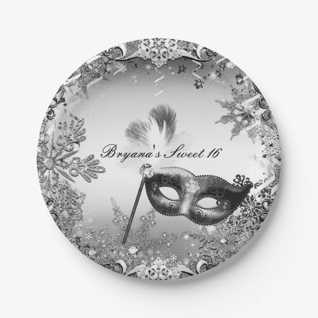 Plato De Papel Blanco Plateado Negro Mascarada & Copos de Nieve (Anverso)