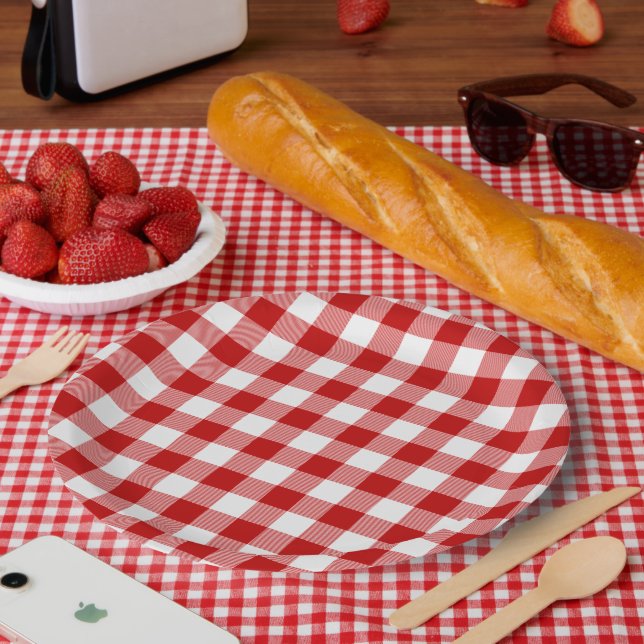 Plato De Papel Blanco rojo de la comprobación de la placa de búfa (Picnic)