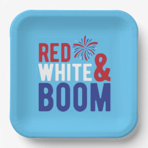 Plato De Papel Blanco Rojo y Boom 4 de julio Placas de papel