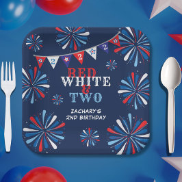 Plato De Papel Blanco Rojo y DOS cumpleaños segundo