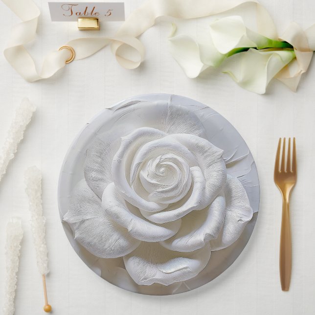 Plato De Papel Blanco Sobre Blanco - Rosa Esculpida (Boda)