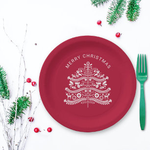 Plato De Papel Blanco sobre el árbol nórdico de Navidad rojo