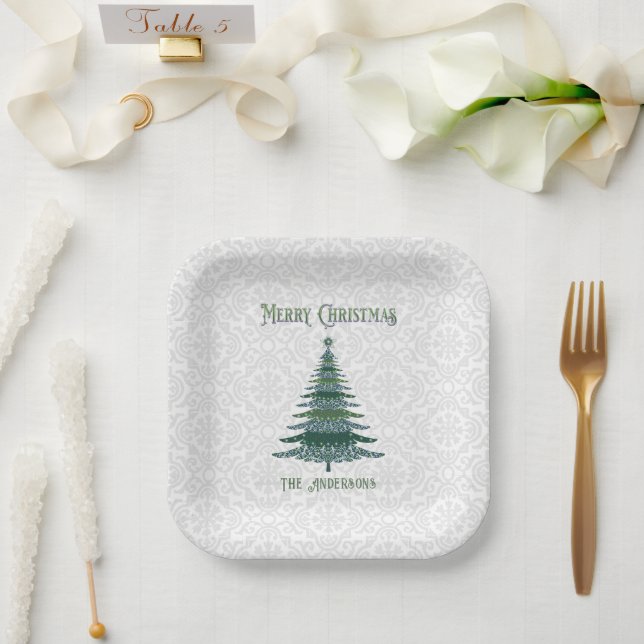 Plato De Papel Blanco verde personalizado del árbol de Navidad mo (Boda)