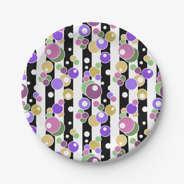 Plato De Papel blanco y negro, rayado, polka puntos (Anverso)