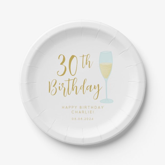 Plato De Papel Blanco y oro Treinta y treinta cumpleaños (Anverso)