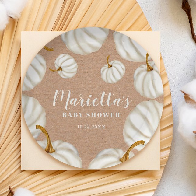 Plato De Papel Blanquecino kraft de calabaza blanco caída ducha d (White Little pumpkin kraft fall baby shower Paper Plates)