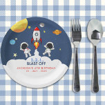 Plato De Papel "Blast Off Funny Birthday Boy with Astronaut theme<br><div class="desc">A cute space-themed birthday napkin design for a boy features images of a spaceship taking off and astronauts! Perfect for celebrating your son! Personalize this space birthday invitation by adding your own event details. Don't hesitate,  get it now!</div>