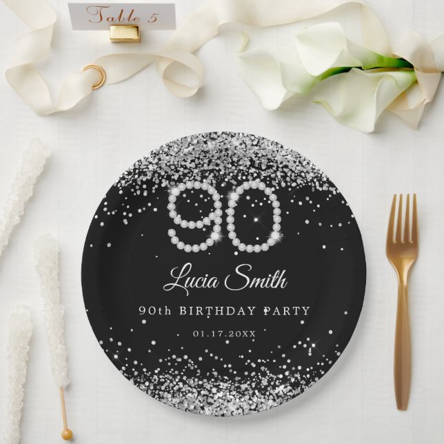 Plato De Papel Bling Diamonds 90th Birthday Party Paper Plate (Boda)
