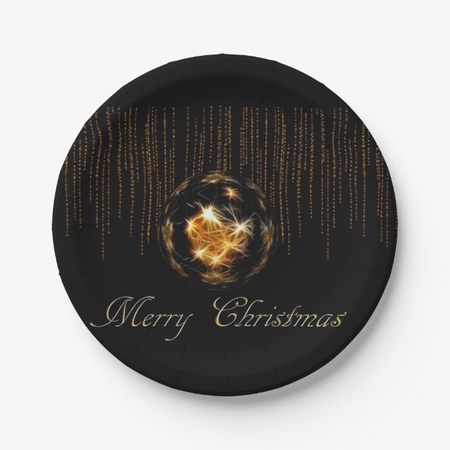 Plato De Papel Bling Merry Christmas Black and Gold (Anverso)