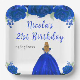 Plato De Papel Blonde Hair Princess Blue Floral Birthday Party