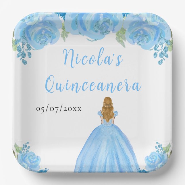 Plato De Papel Blonde Hair Princess Blue Floral Quinceanera (Anverso)