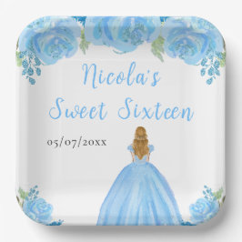 Plato De Papel Blonde Hair Princess Blue Floral Sweet Sixteen 