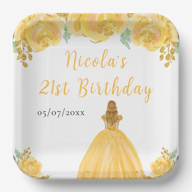 Plato De Papel Blonde Hair Princess Gold Floral Birthday Party (Anverso)