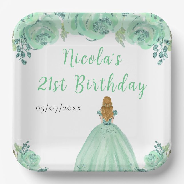 Plato De Papel Blonde Hair Princess Mint Floral Birthday Party (Anverso)