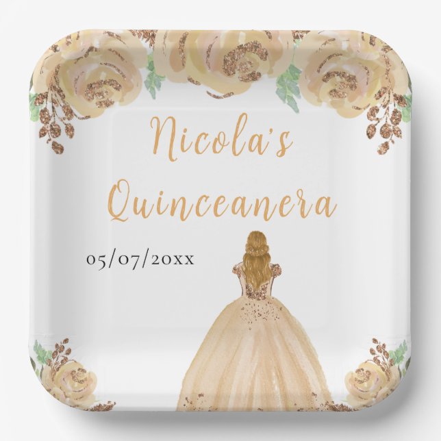 Plato De Papel Blonde Hair Princess Peach Floral Quinceanera (Anverso)
