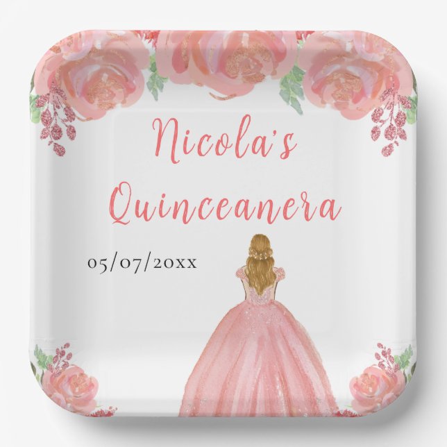 Plato De Papel Blonde Hair Princess Pink Floral Quinceanera (Anverso)