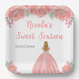Plato De Papel Blonde Hair Princess Pink Floral Sweet Sixteen 
