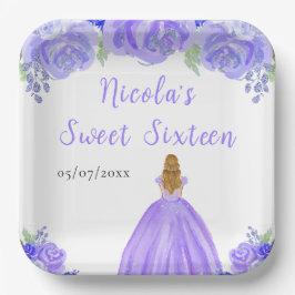 Plato De Papel Blonde Hair Princess Purple Floral Sweet Sixteen 