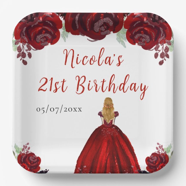 Plato De Papel Blonde Hair Princess Red Floral Birthday (Anverso)