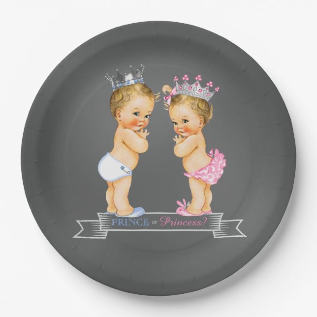Plato De Papel Blonde Prince y Princesa Chalkboard Baby Shower (Anverso)