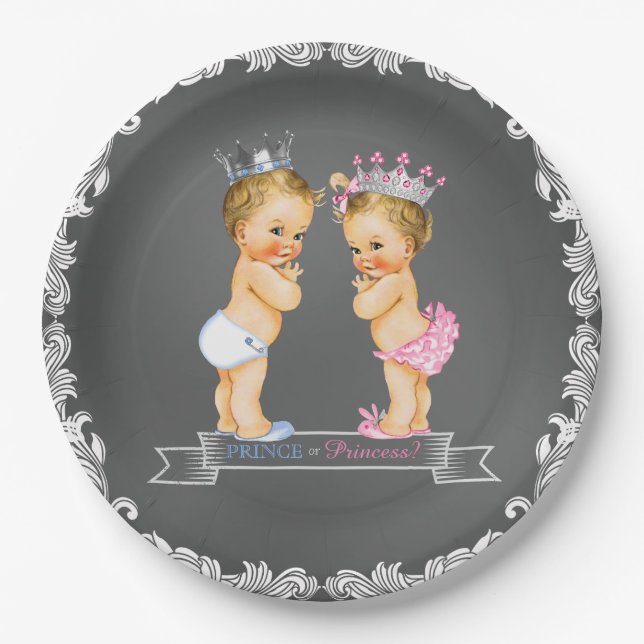 Plato De Papel Blonde Prince y Princesa Chalkboard Baby Shower (Anverso)