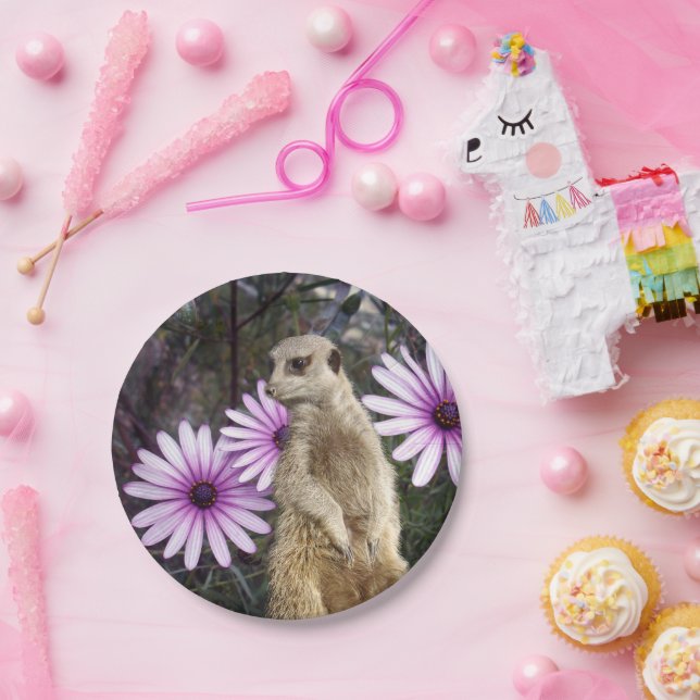 Plato De Papel Bloom Curioso: Meerkat entre margaritas moradas (Fiesta)