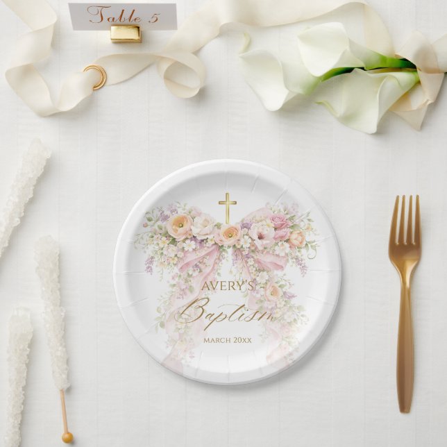 Plato De Papel Bloom Floral Bow Girl Baptism (Boda)