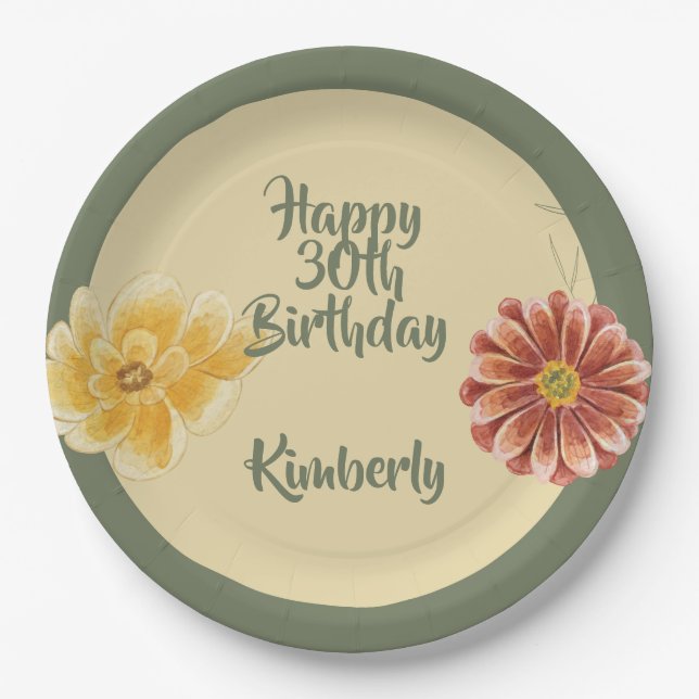 Plato De Papel Blooming Florals Personalized Birthday Party Plate (Anverso)