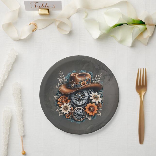 Plato De Papel Blooming Gears: Estilo de vaquero Steampunk. (Boda)