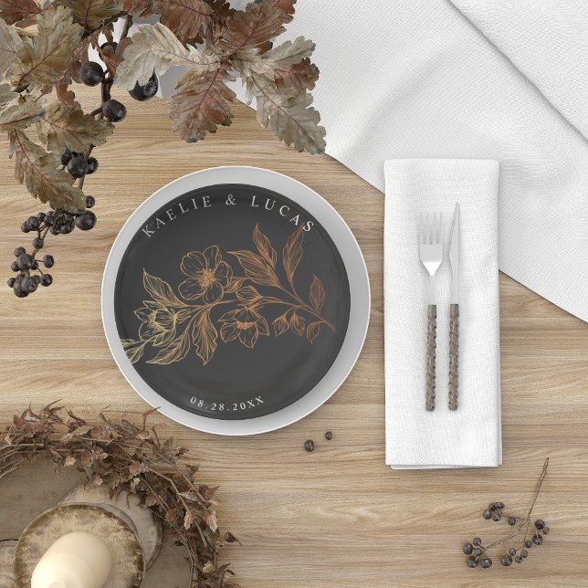 Plato De Papel "Blooms Dorados Del Amor" | Boda negro (Subido por el creador)